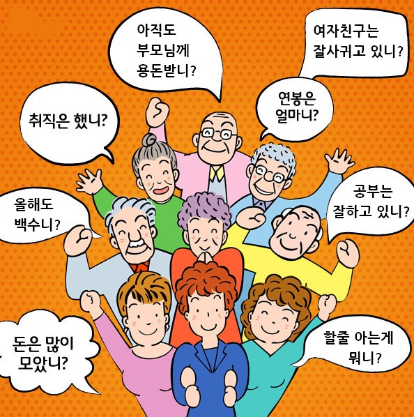 일가친척이 웃으며 잔소리를 하고 있는 모습